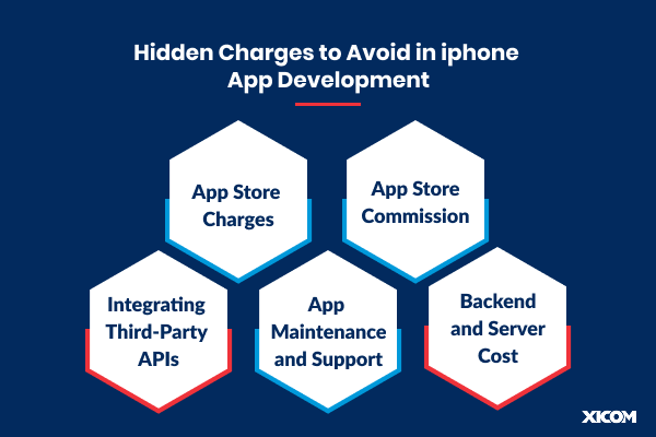 Infographic listing hidden charges in iPhone app development, including App Store charges, commission, third-party API integration, maintenance, and server costs.