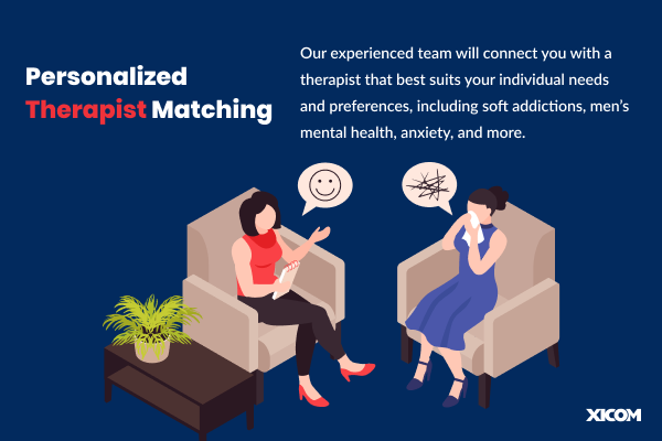 Illustration of a therapist and a client in a counseling session, promoting personalized therapist matching for mental health support.