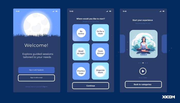 Dark-themed self-care app interface with guided session options and personalized activity recommendations.