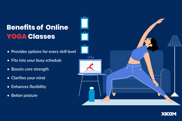 Illustration of a woman practicing yoga at home with an online class, highlighting benefits like flexibility, posture, and mental clarity.