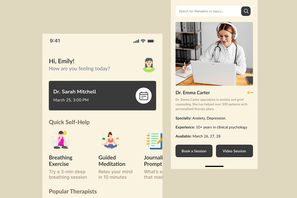 User-friendly mental health app ideas featuring therapist booking, self-help exercises, and personalized therapy options.