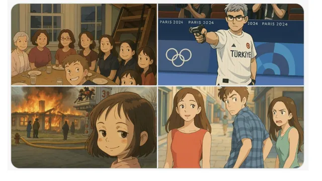 AI-generated Ghibli-style images showing a family dinner, Olympic shooter, burning house, and a walking couple.
