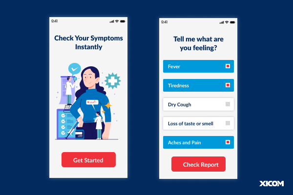 AI-powered symptom checker app interface with a symptom selection screen.