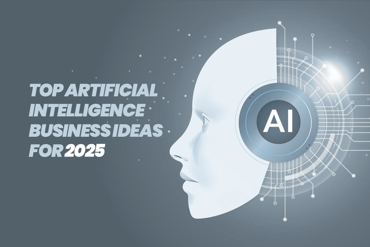 Futuristic AI business ideas for 2025 featuring a digital human head with a technology-inspired design.