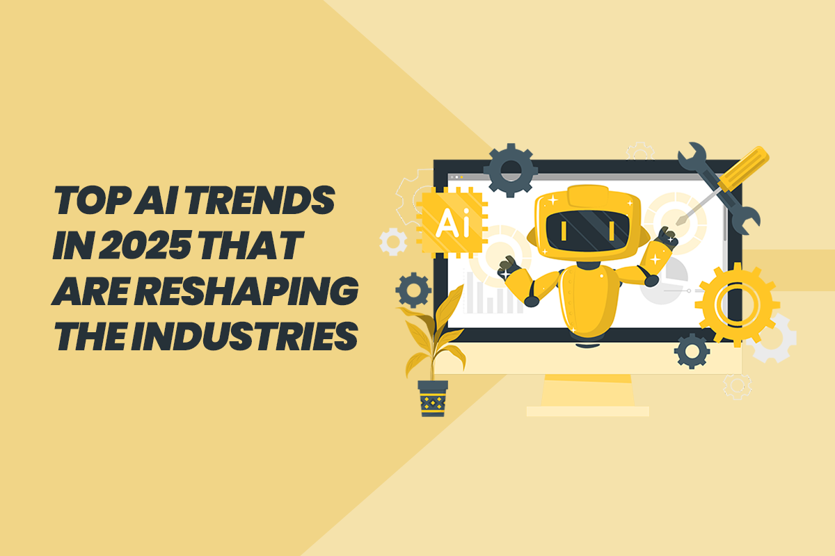 "Illustration of robot and gears with text highlighting top AI trends in 2025 reshaping industries.