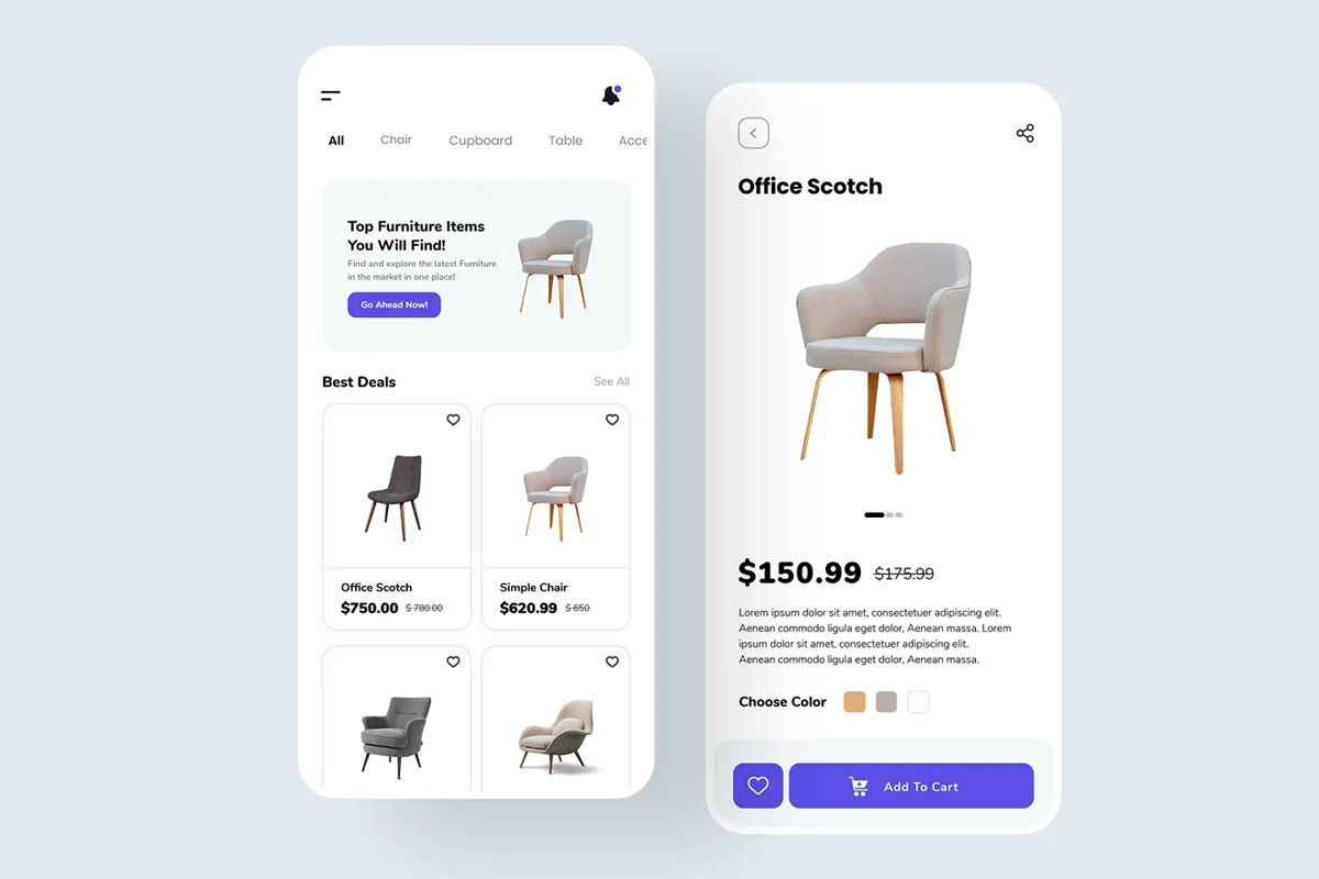 Mobile UI design mockup of a furniture shopping app, showcasing product listings and details, used to illustrate user interface design and the cost to build Android app.