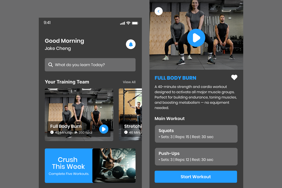 Fitness app development example showcasing a workout tracking screen with training programs, exercise details, and user interface design.