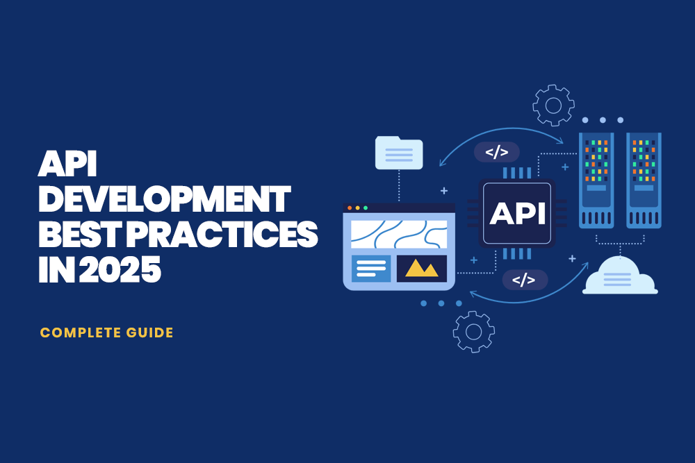 "Visual guide for API development best practices in 2025, featuring data flow between systems and software components.