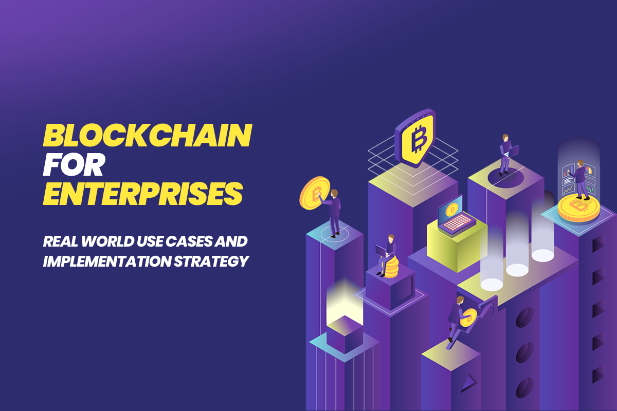 Illustration representing Blockchain for Enterprises with business professionals interacting with digital assets, showcasing real-world use cases and implementation strategies.