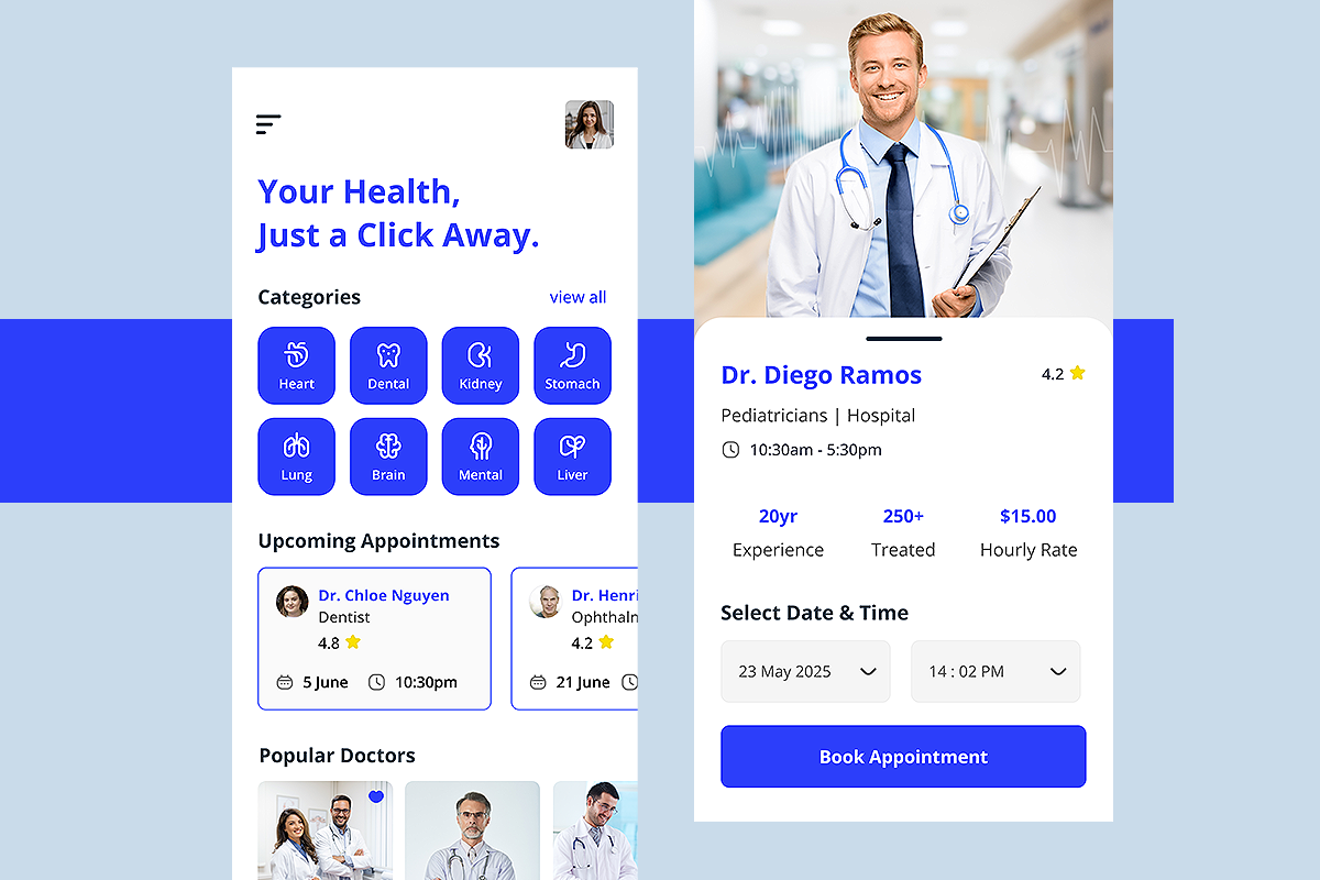 User interface mockup for doctor appointment booking app development showing category selection, upcoming appointments, and doctor profile with booking options.