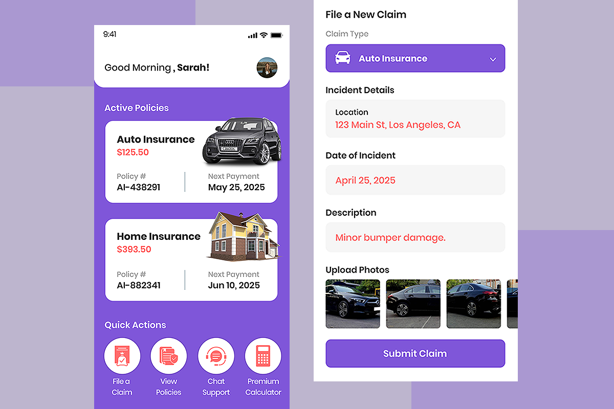 User interface of an insurance mobile app development showing active policies, quick actions, and a claim submission form.