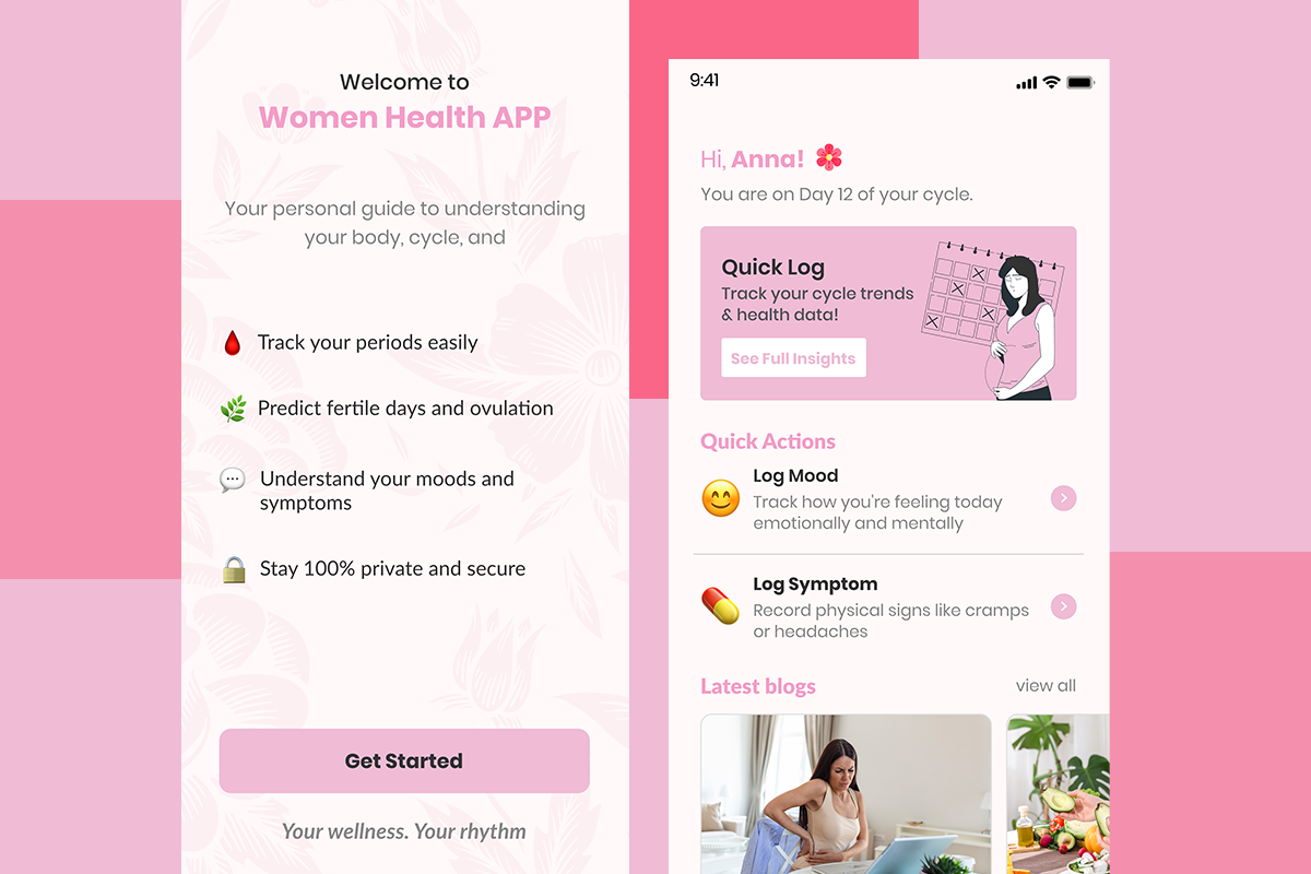 Mobile UI mockup for Women Health Tracking App Development showing period tracking, mood logging, and symptom analysis features.